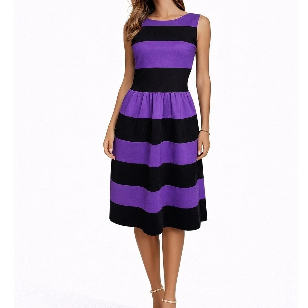 Purple Black Striped Fit & Flare Midi Dress Women's Medium Sleeveless Retro - Picture 1 of 8